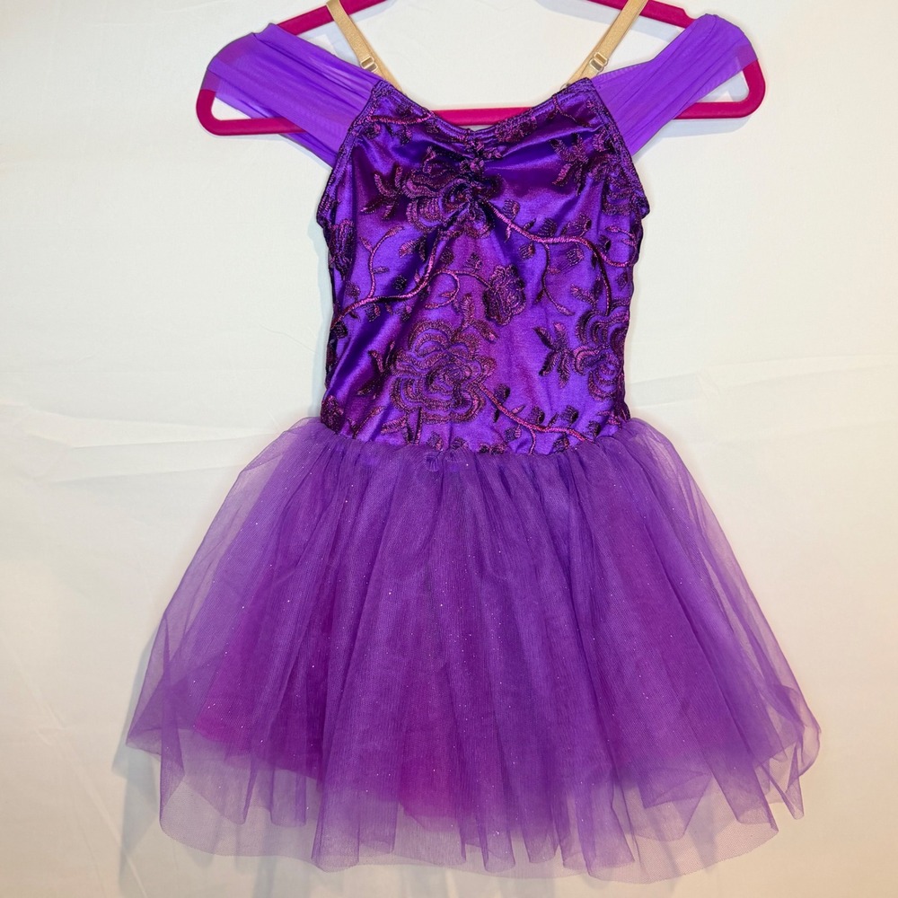 Weissman Kids Purple Floral Embroidered Glitter Tutu Ballet Leotard Dress SC